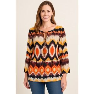 Susan Graver Womens Blouse M Multicolor Abstract Print Tie Neck Long Sleeve